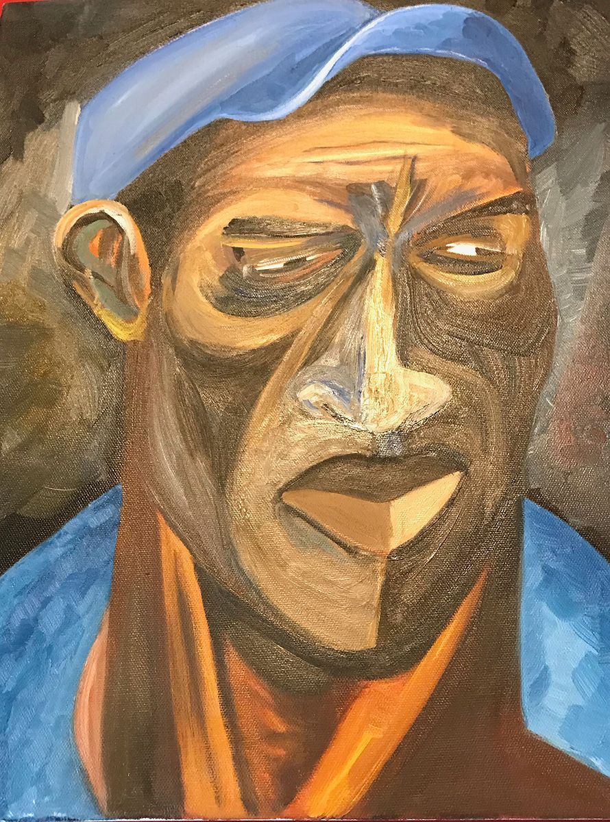 A painting of a man wearing a blue hat and scarf. Art by David R. Judkins