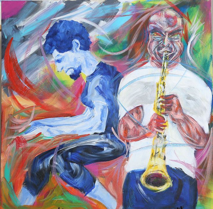 A colorful painting of a man playing a saxophone. Art by David R. Judkins