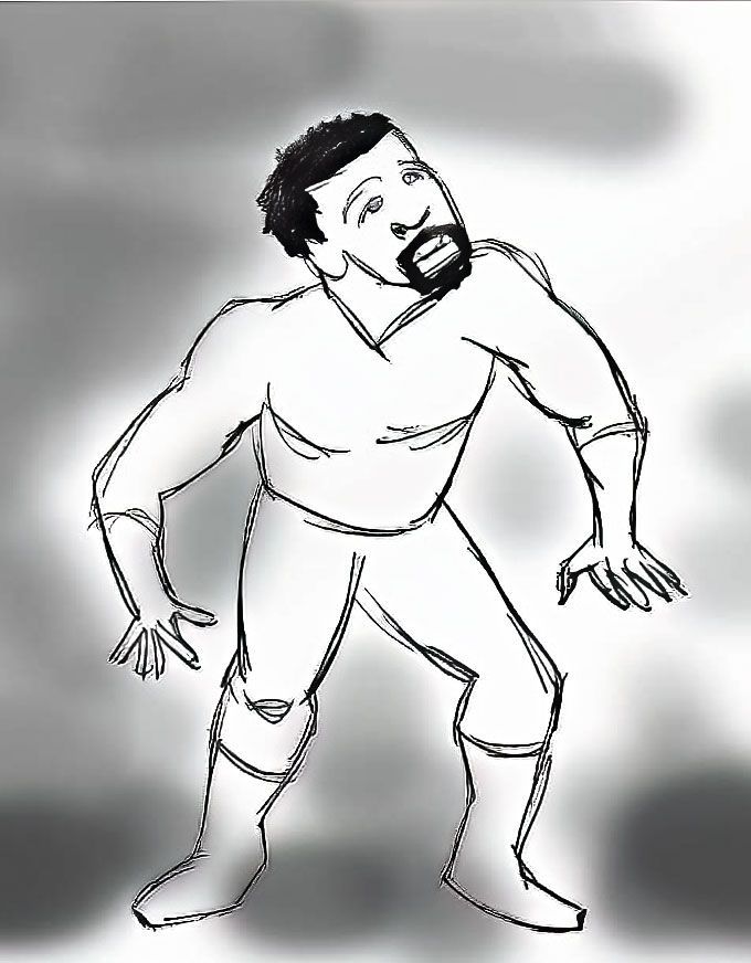 A black and white drawing of a man with a beard. Art by David R. Judkins