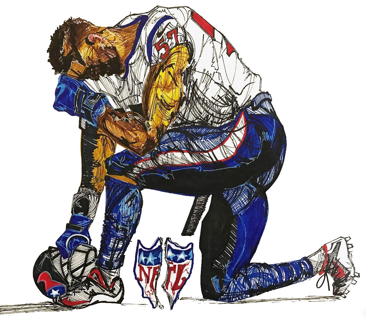 A drawing of a football player kneeling down. Art by David R. Judkins