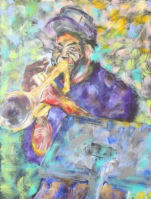 It is a painting of a man playing a trumpet. Art by David R. Judkins