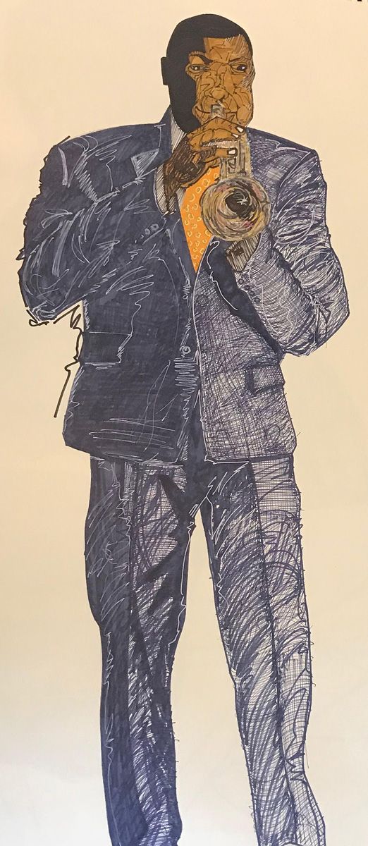 A man in a suit is playing a trumpet. Art by David R. Judkins
