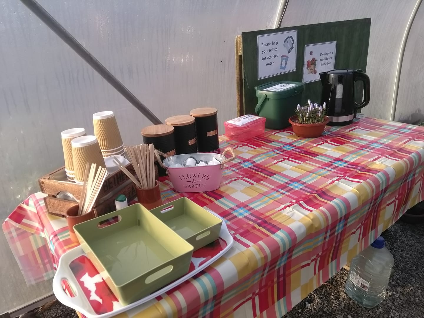 Table in polytunnel with kettle, cups, tea and coffee