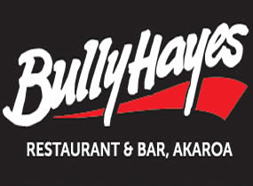 Logo for Bully Hayes Restaurant & Bar, Akaroa, with white text on a black background and red accents.