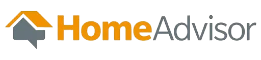 HomeAdvisor logo: orange house icon with gray speech bubble, orange text 