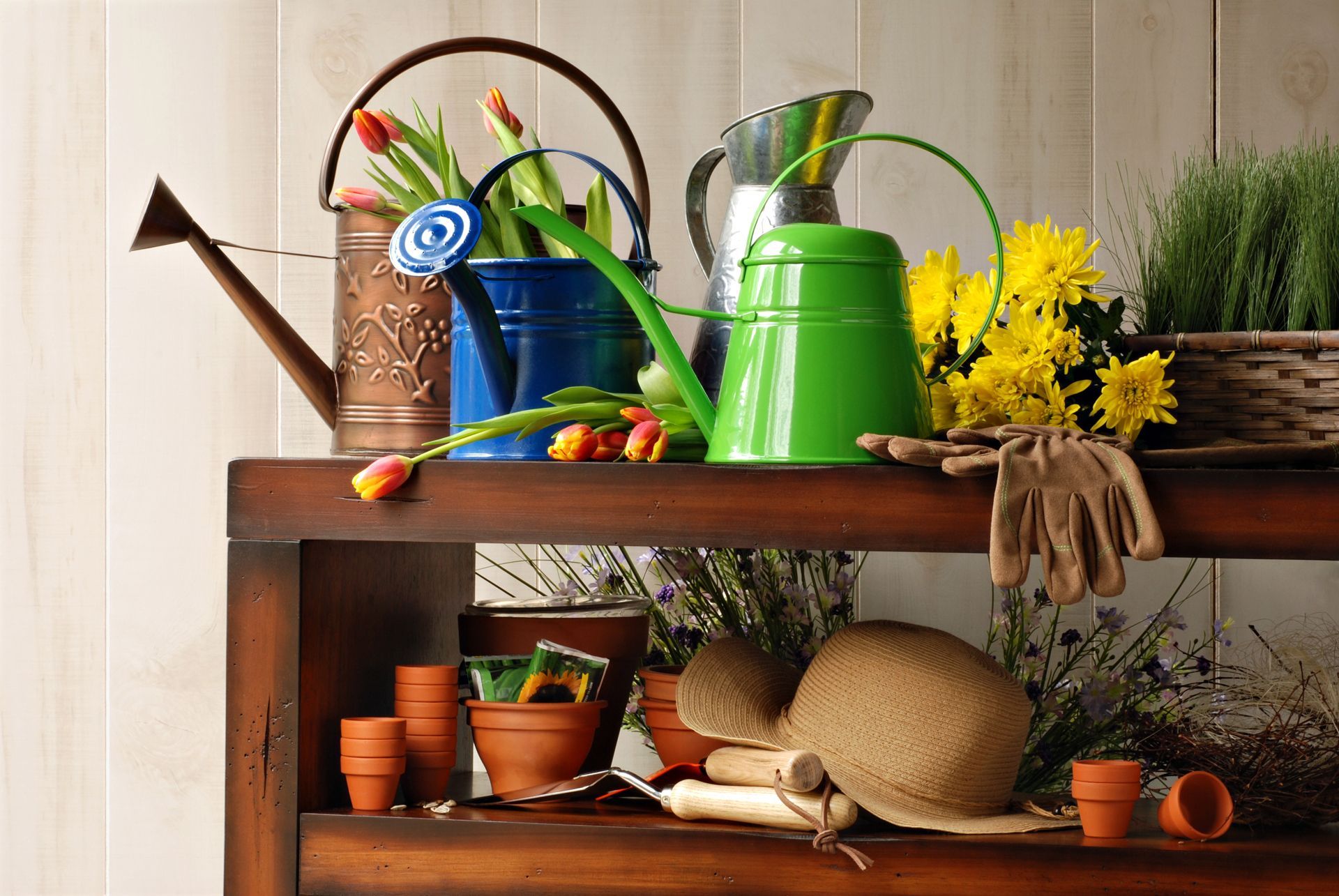 Wooden shelf with gardening tools