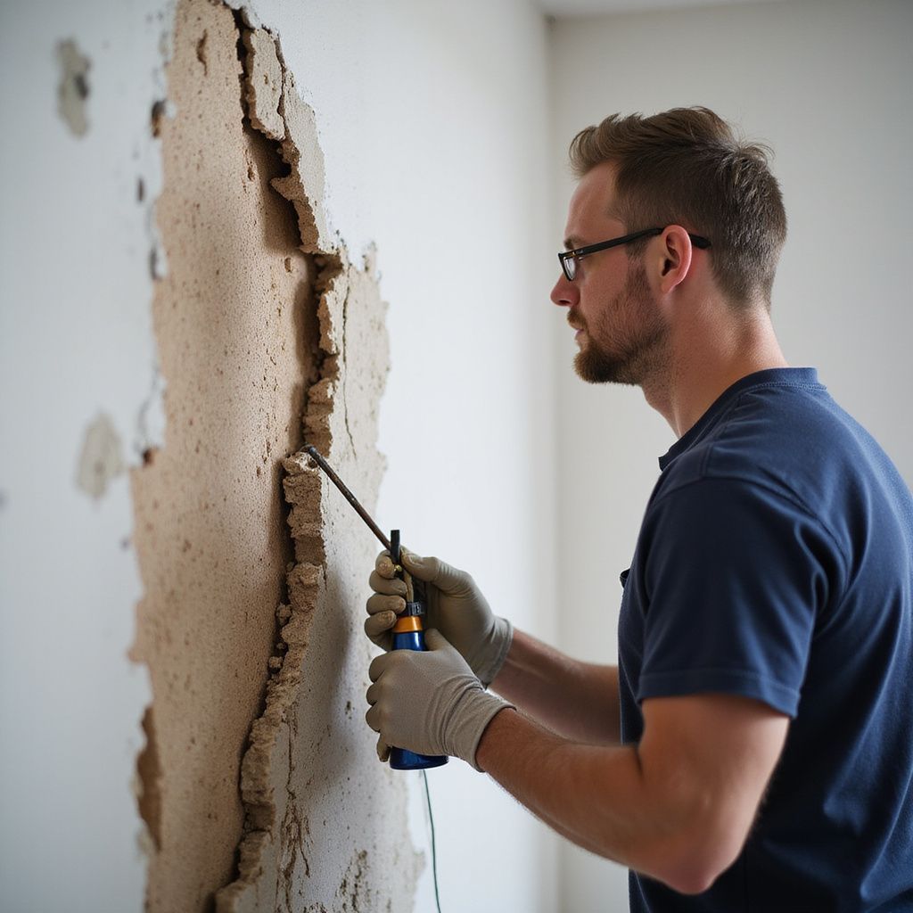 Man in glasses removes plaster from a wall with a tool. He wears gloves, working indoors.