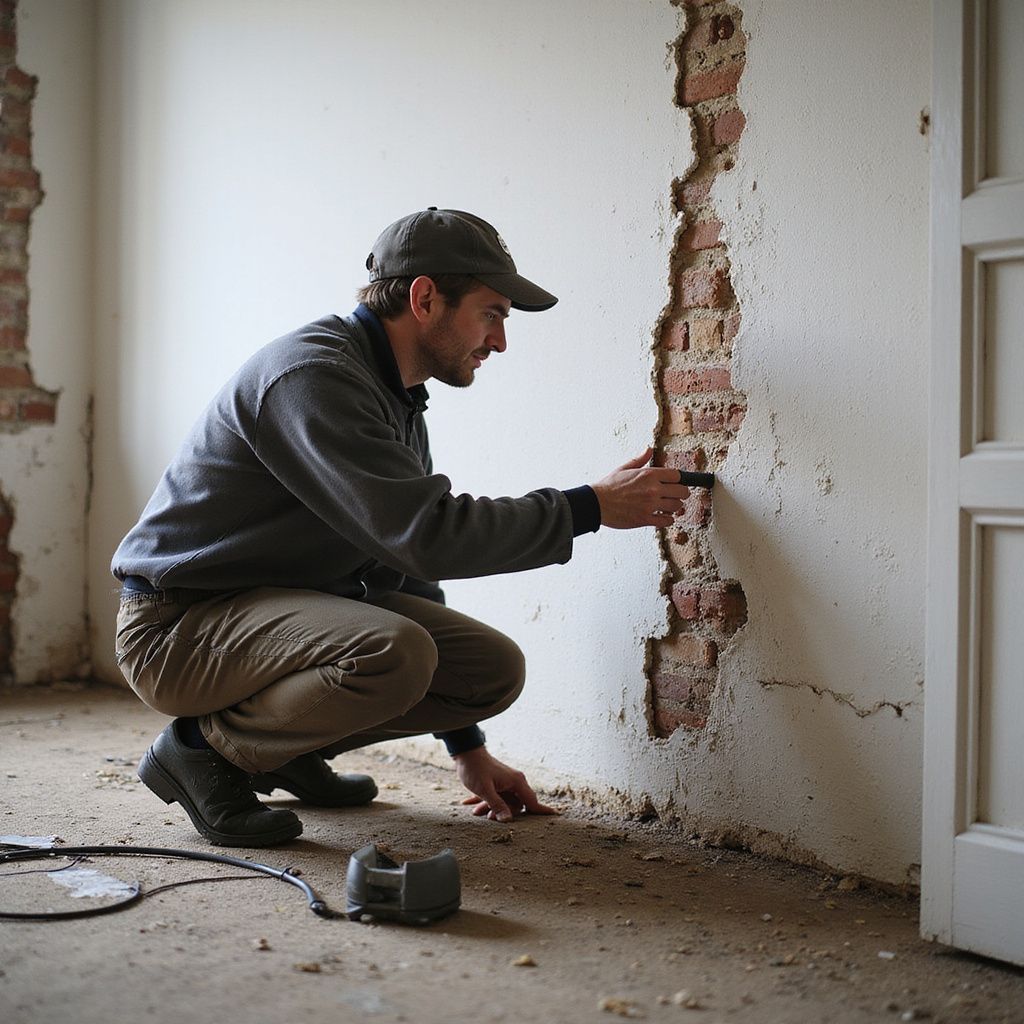 Man inspecting damaged wall, squatting in an empty room, with exposed brick and a doorframe visible.
