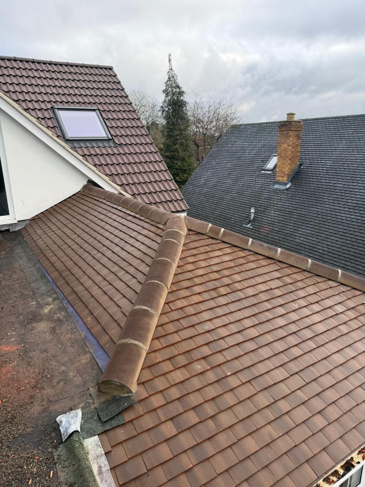 Brown tiled roofs of houses under a cloudy sky.