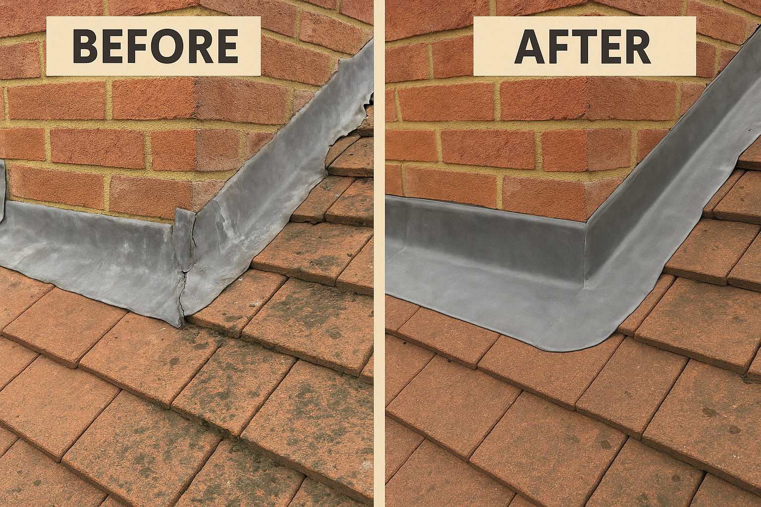 A before and after picture of a roof flashing.