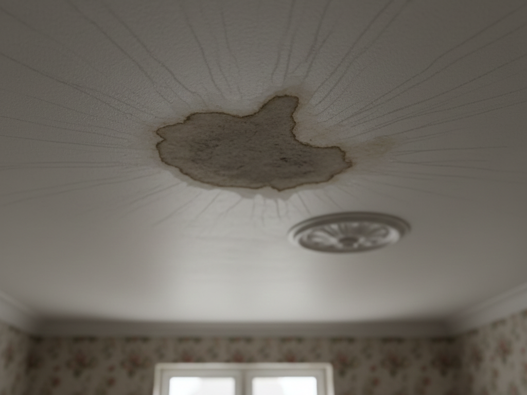 Ceiling in a UK home showing a large brown water stain spreading outward, with a light fitting positioned beneath the damaged area.
