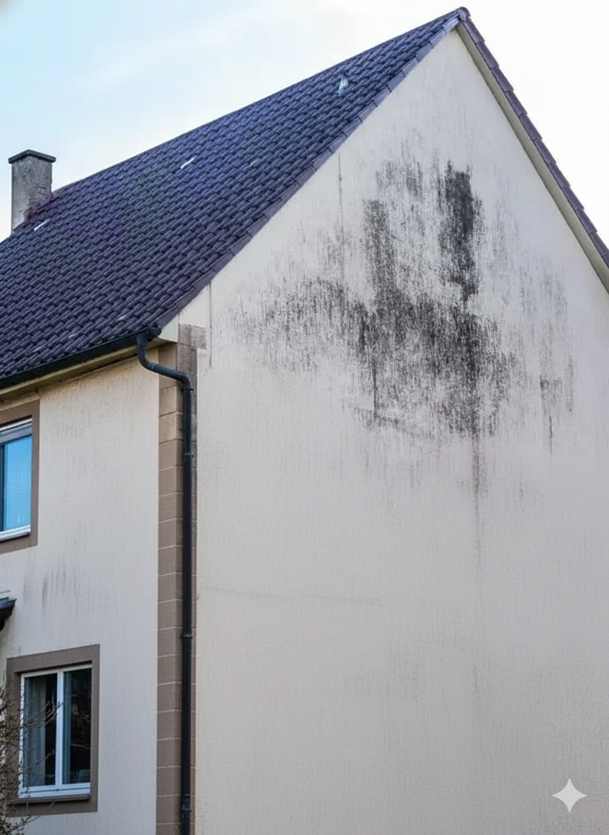 Rendered house exterior with dark stains on the side wall near the roof, possibly from mould or mildew.