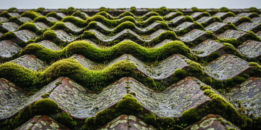 Close-up of an older UK roof with green moss growing across the tiles, showing a distinct wavy pattern.