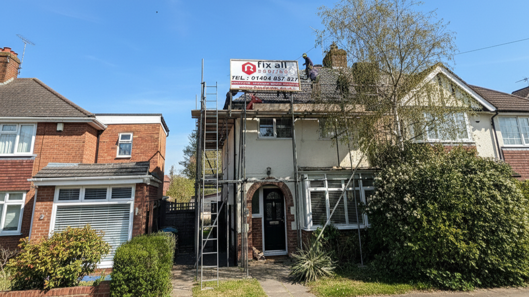 UK residential house with scaffolding for fix all roof repair under a clear blue sky.