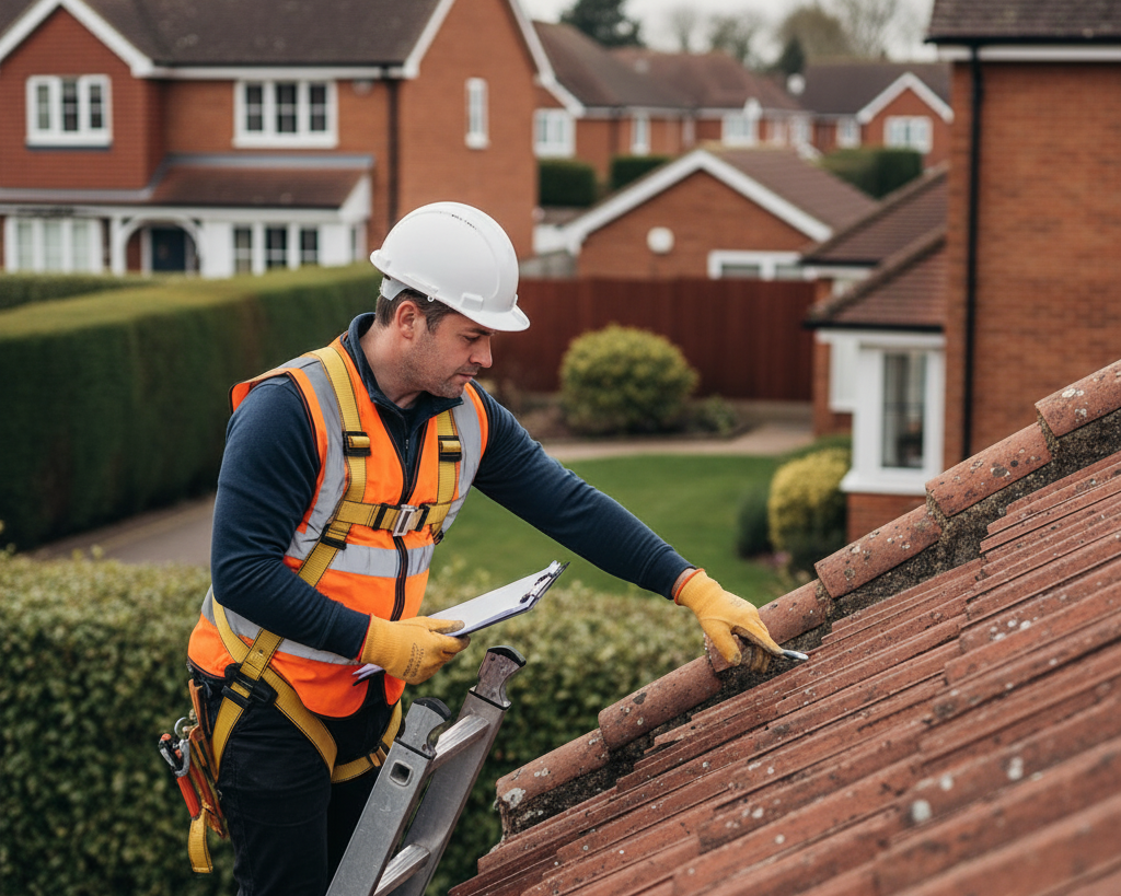 Professional roofer in safety gear inspecting a traditional UK tiled roof with a clipboard, suburban houses in the background.