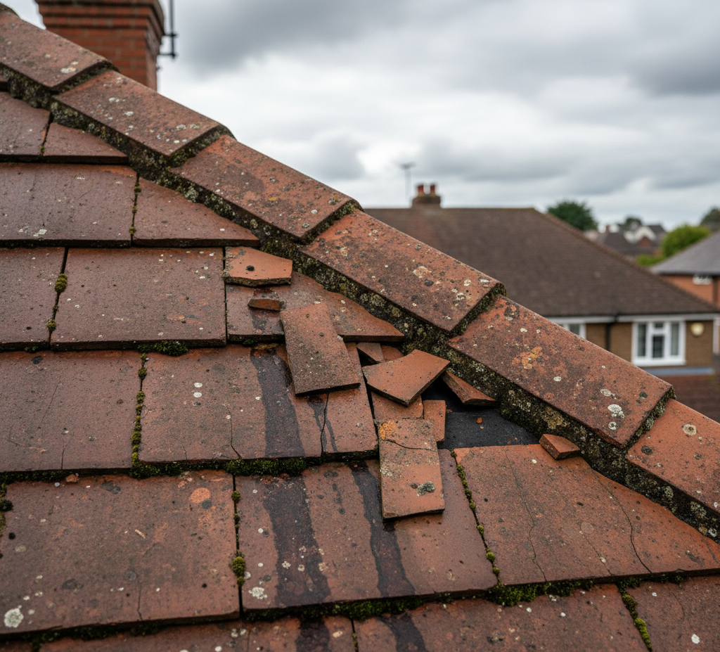 Close-up of storm-damaged red tile roof with broken and missing tiles in High Wycombe, requiring urgent repair