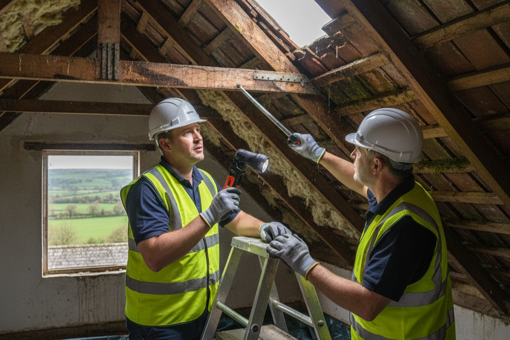 wo professional UK roofers/surveyors in safety gear inspecting attic rafters and insulation for leaks