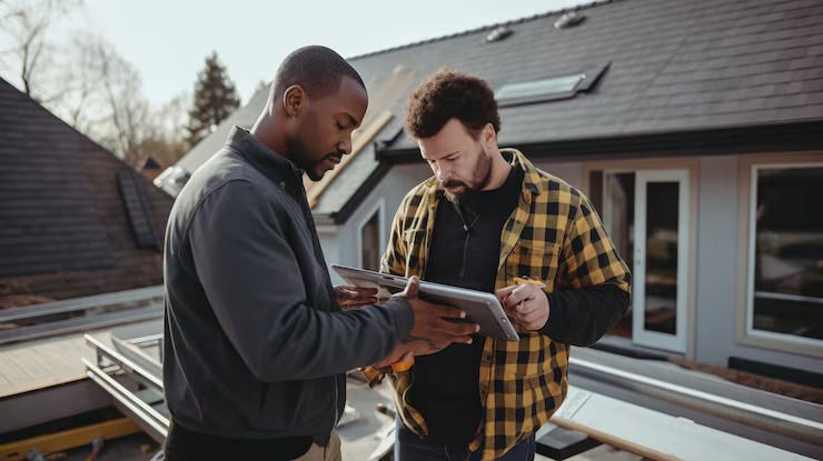 Roofer presenting a roofing warranty to a homeowner