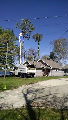 A truck is cutting a tree in front of a house.
