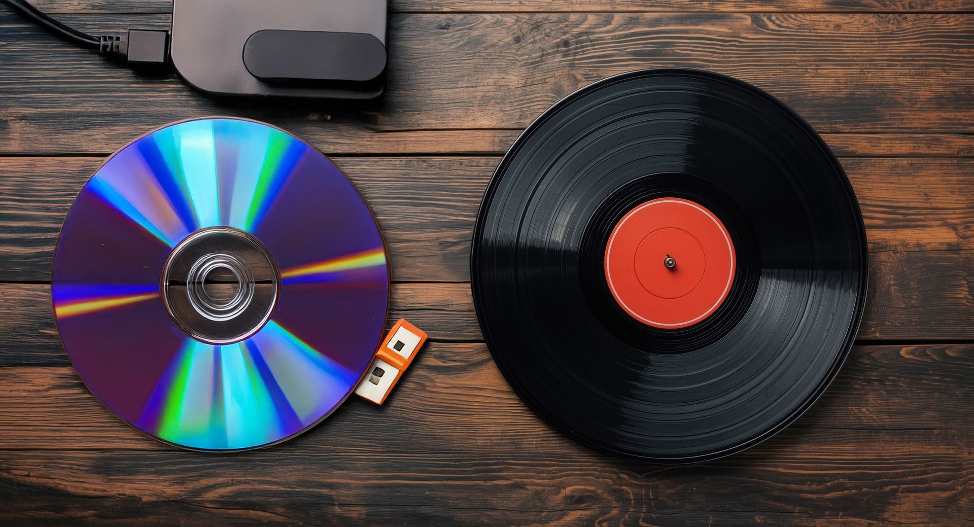 A shiny, multicolored CD and a classic black vinyl record with an orange center sit on a dark wooden surface. A shiny, multicolored CD and a classic black vinyl record with an orange center sit on a dark wooden surface.