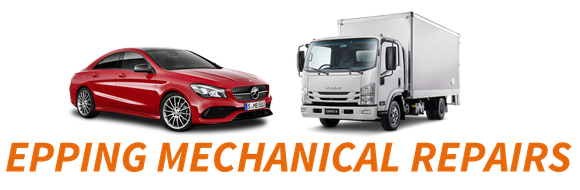 Red car and white truck with text 