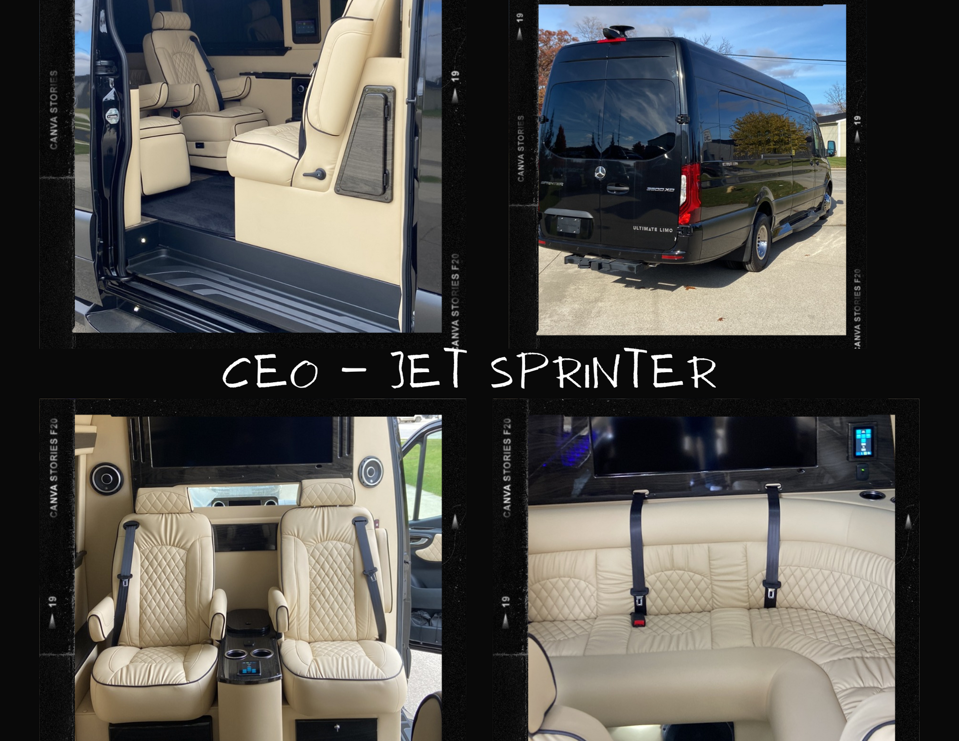 Black CEO Jet Sprinter van, beige interior, large screens, diamond-stitched seats.