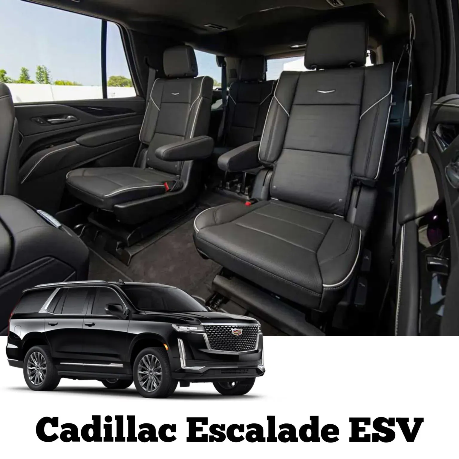 Cadillac Escalade ESV interior with black leather seats. The exterior of the black SUV is shown below.