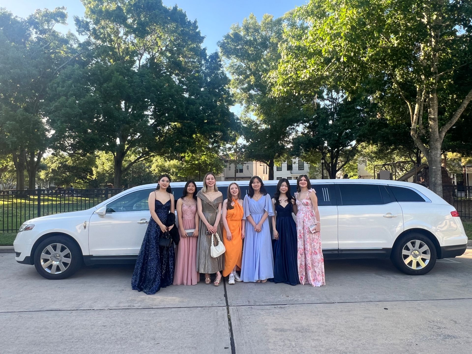 Group of people in formal dresses standing next to a white limousine outdoors.