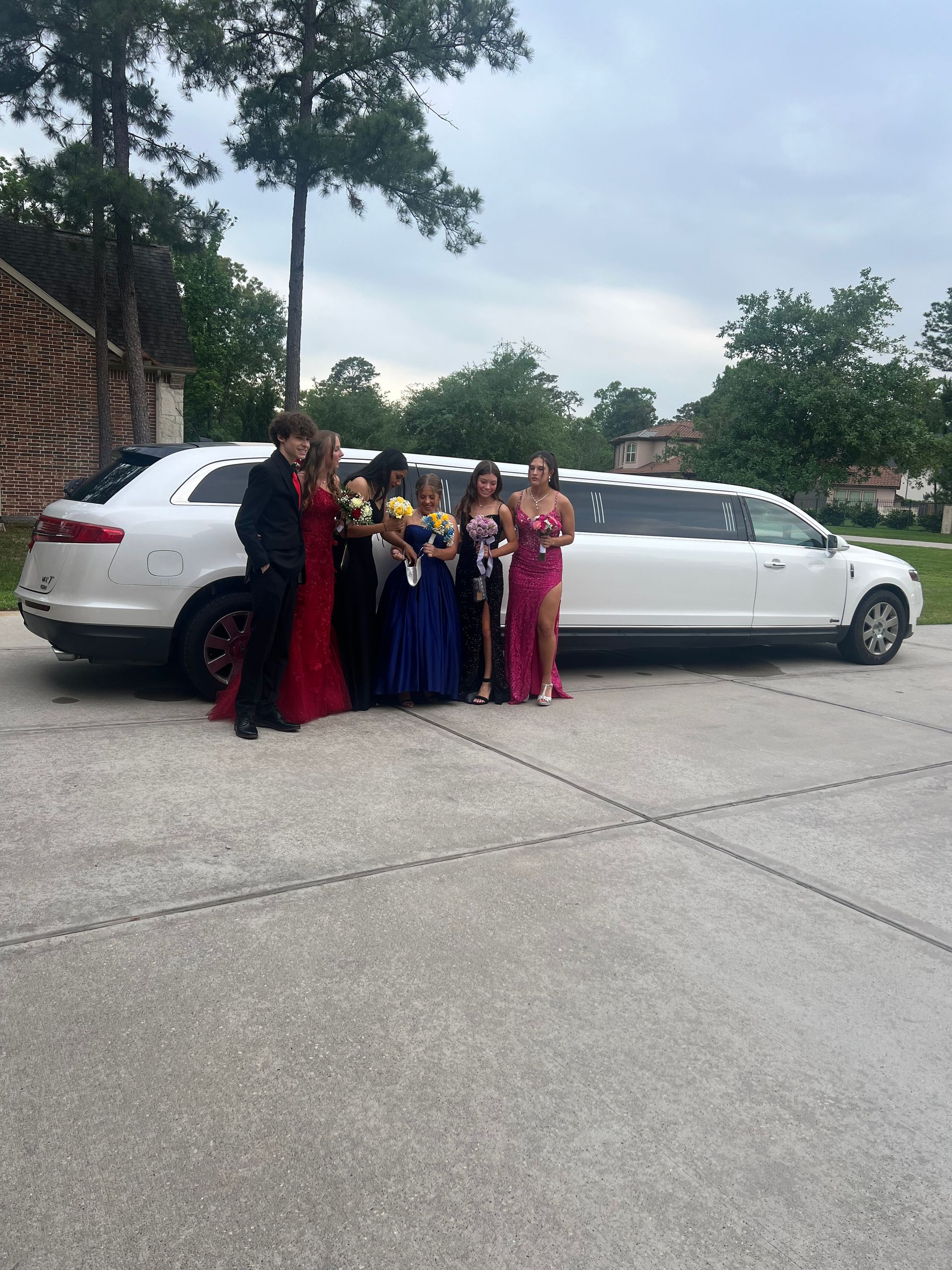 A group of people standing in front of a white limousine.