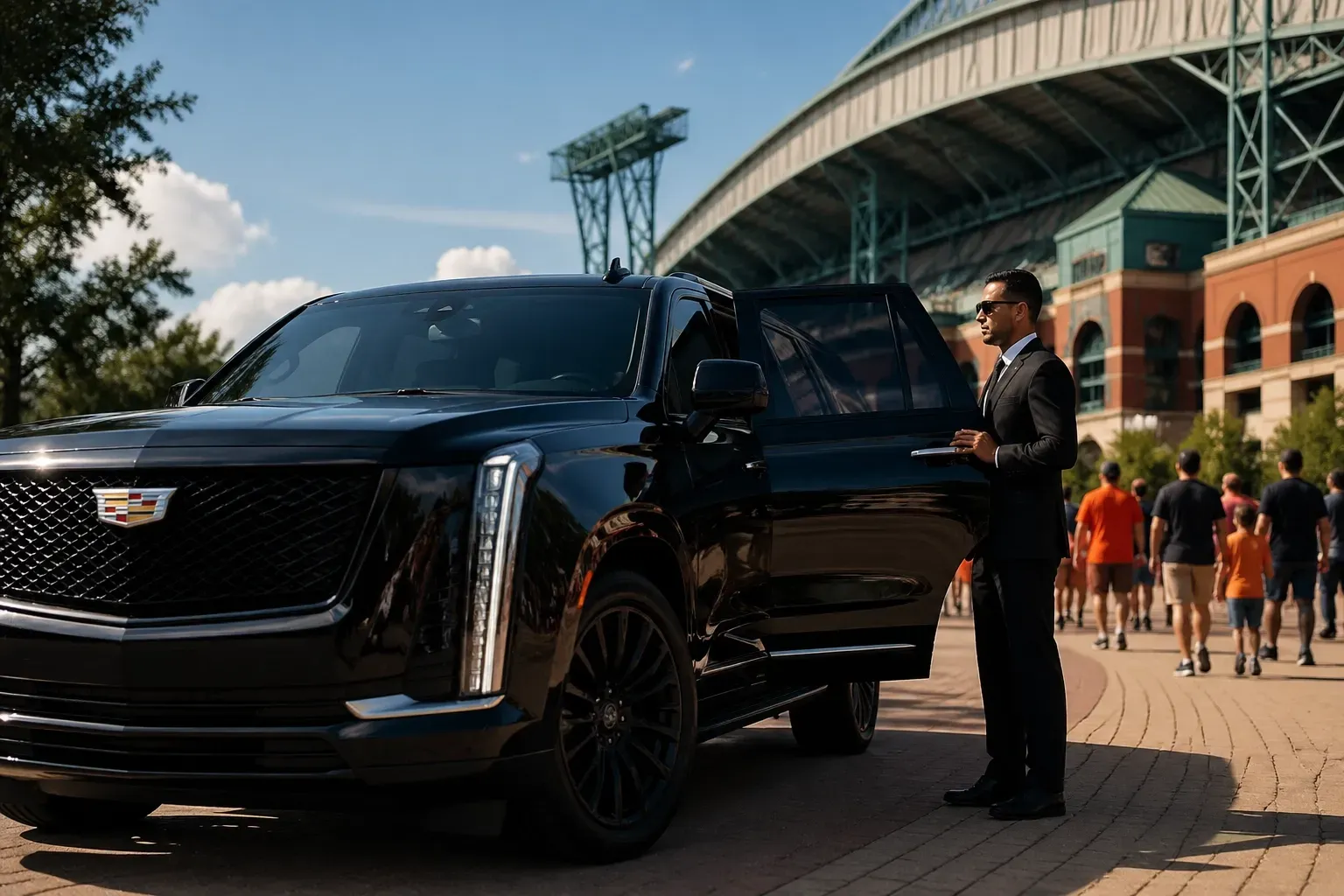 Cadillac Escalade with chauffeur outside Houston Astros stadium