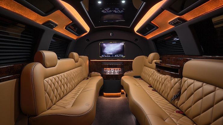 A woman in a black dress is standing next to a white limousine.