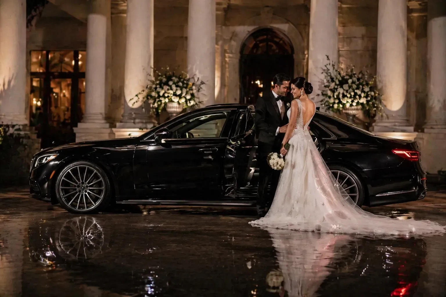 Wedding couple with limousine at Houston venue