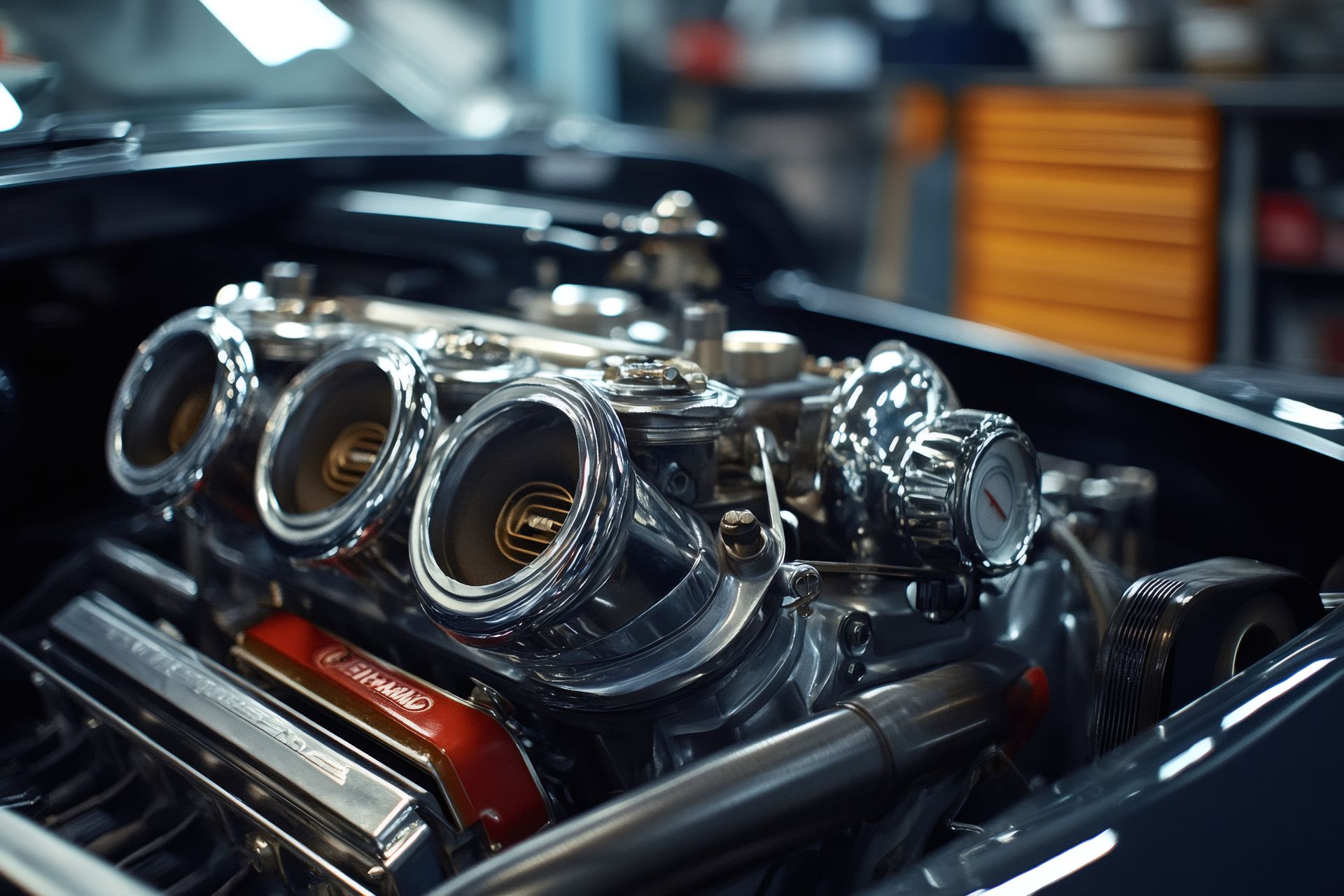 A close up of a car engine with the hood open in a garage.