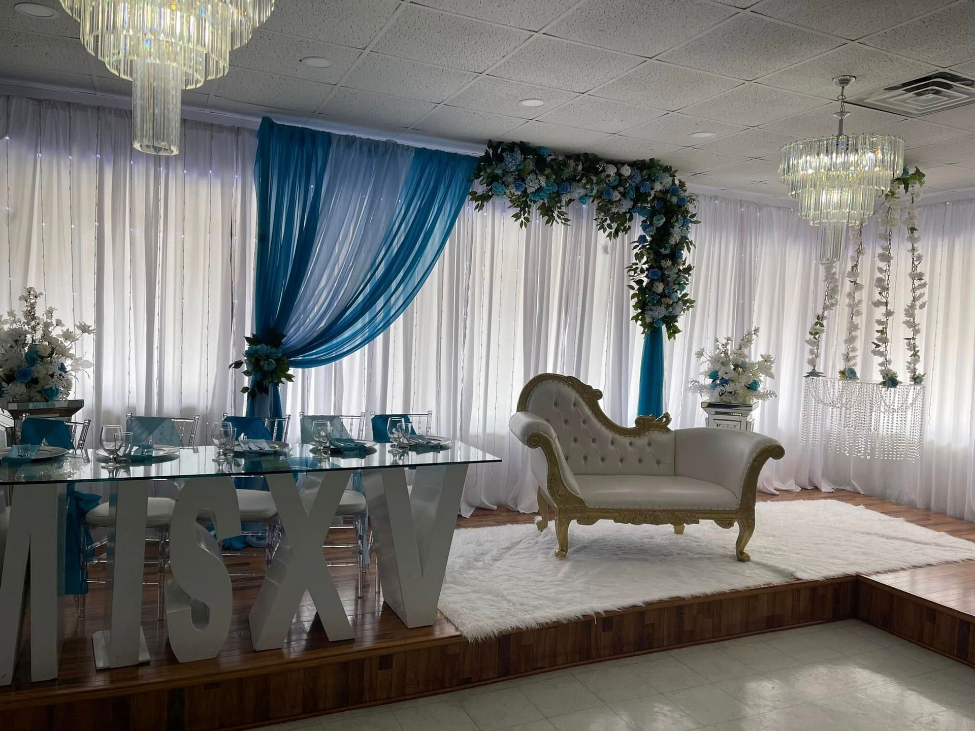 A room with a table and chairs and a sign that says its xv