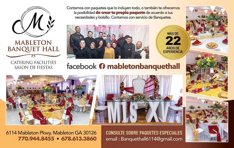 An advertisement for a banquet hall with a group of people standing around tables.