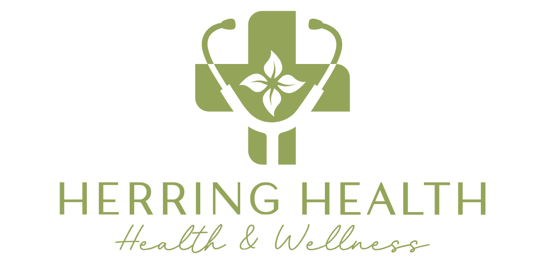 A logo for herring health and wellness with a cross and a flower.