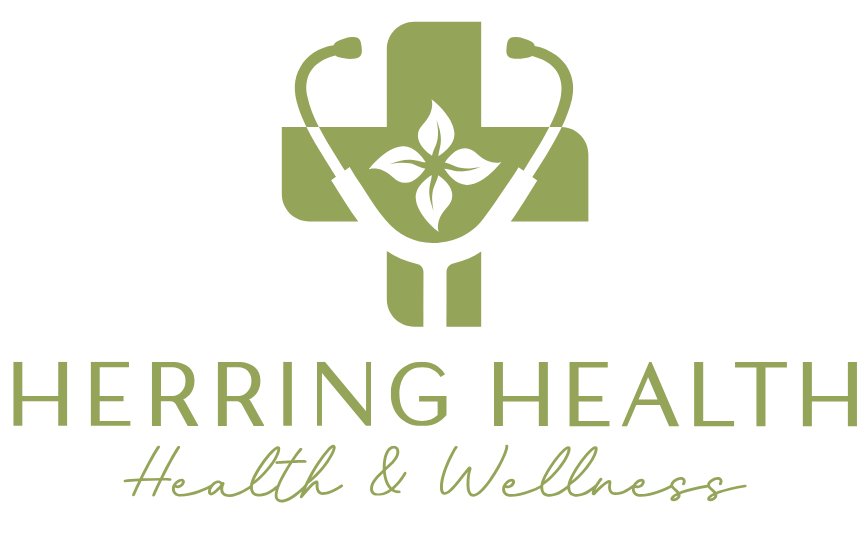 A green logo for herring health and wellness with a cross and stethoscope.
