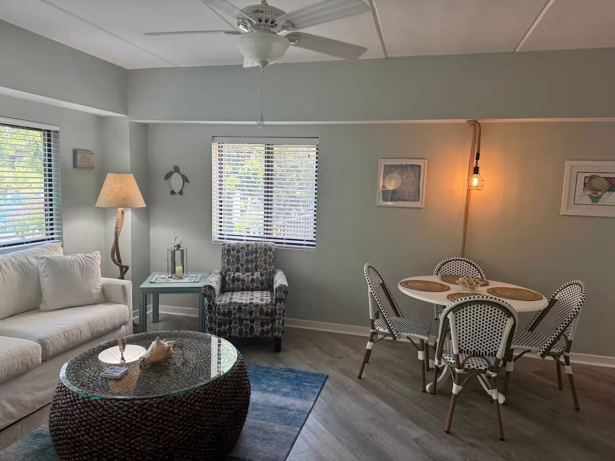 Vacation rental provides ample living space and a dining area for meals.