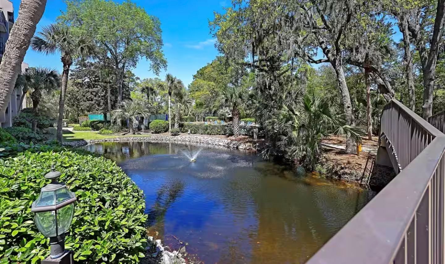 Photo of the pond that adorns your vacation villa near Coligny Beach in South Carolina.