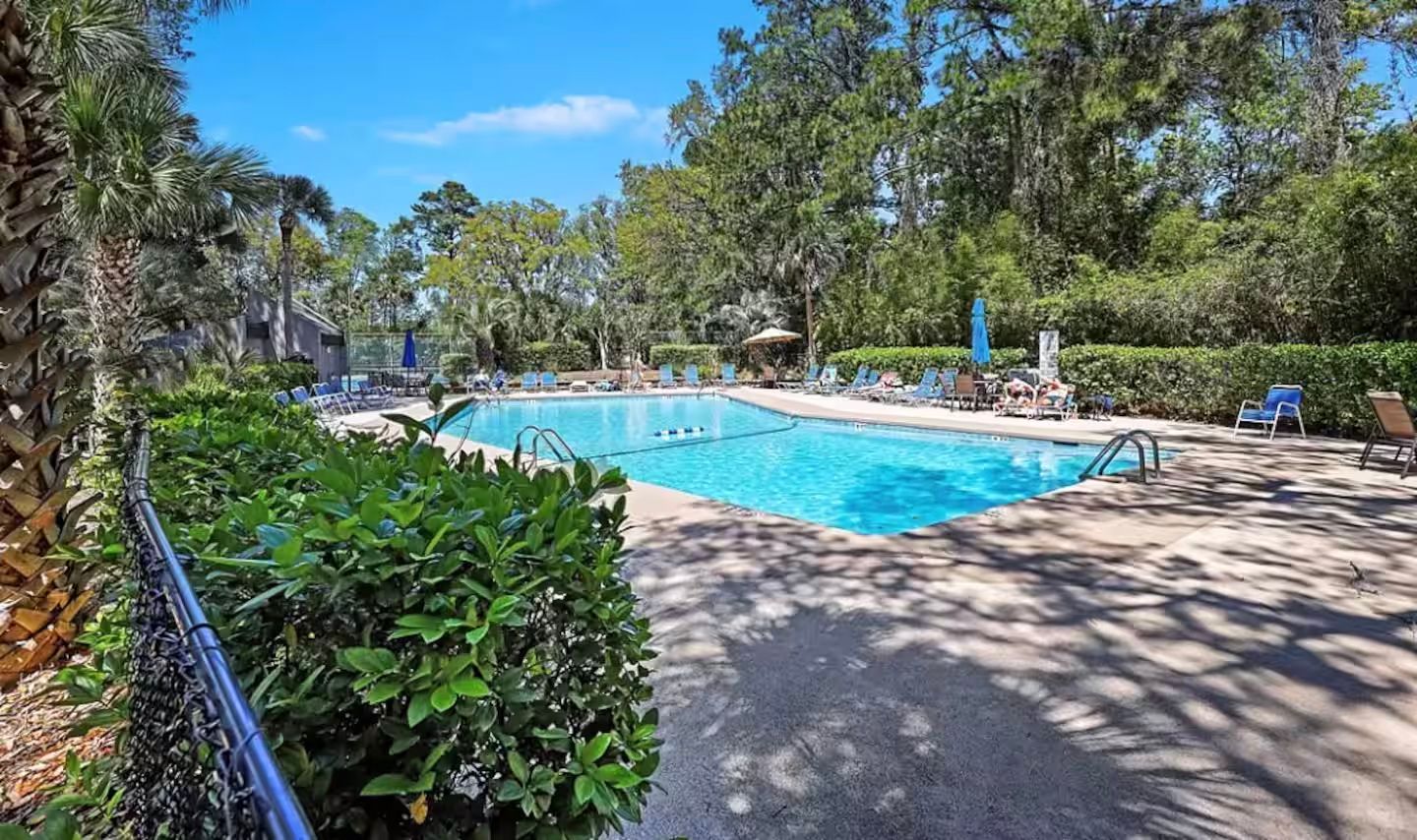 Refreshing on-site pool at your villa at 10 South Forest Beach Drive in Hilton Head Island, South Carolina.