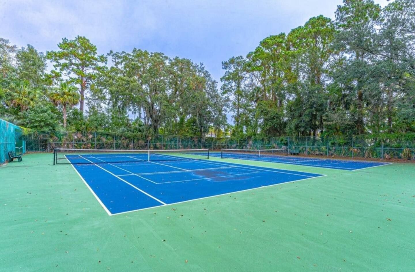 Play tennis or pickleball on a sunny day on your own court surrounded by trees.
