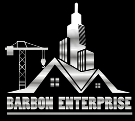 A logo for a construction company with a crane and buildings on a black background.