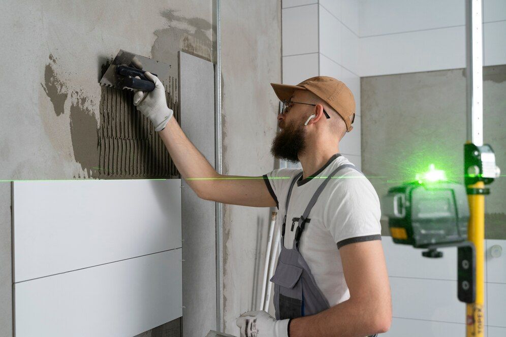 A man is using a laser to measure a tile on a wall.