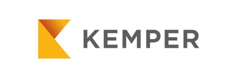 A logo for a company called kemper with a yellow triangle on a white background.