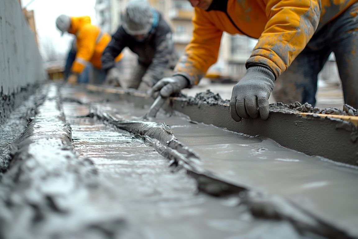 Construction workers in bright jackets smoothing wet concrete with trowels, focused and precise.