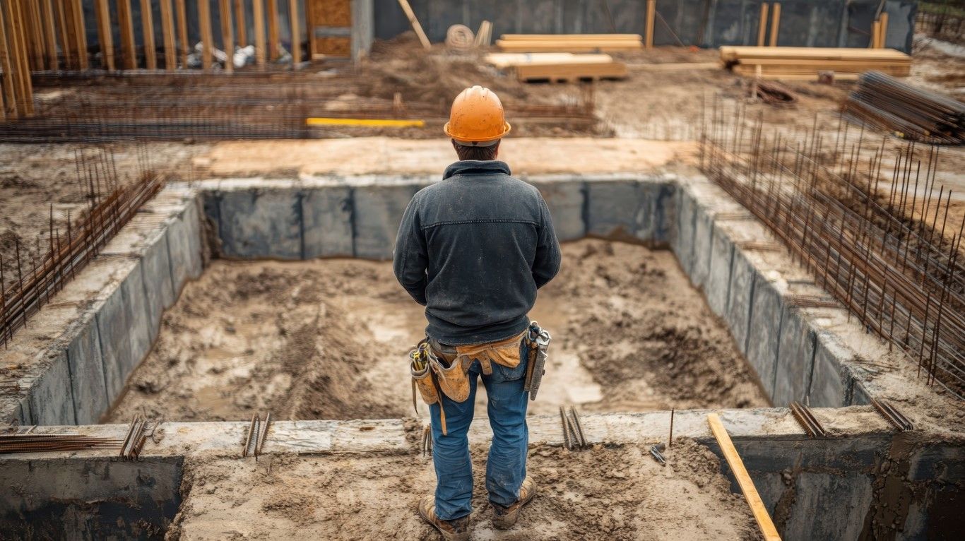 A construction worker in a hard hat and tool belt stands at a foundation site, looking at a large, excavated pit.