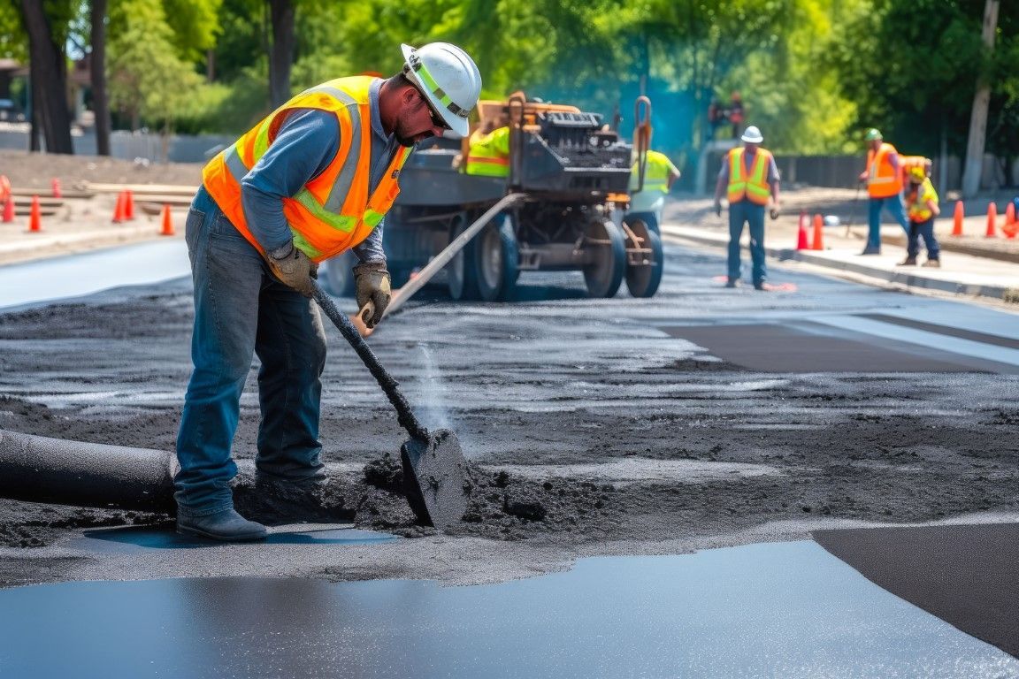A construction worker in a safety vest and helmet spreads asphalt on a road with a shovel. 