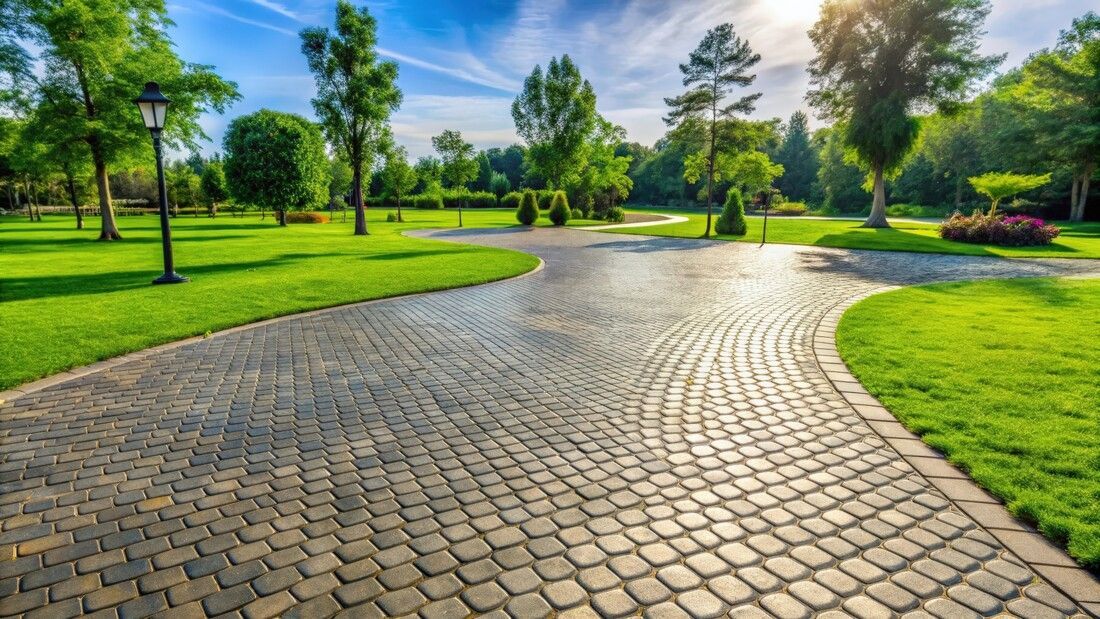 A sunlit park scene with a winding cobblestone path, bordered by lush green grass and trees under a blue sky.