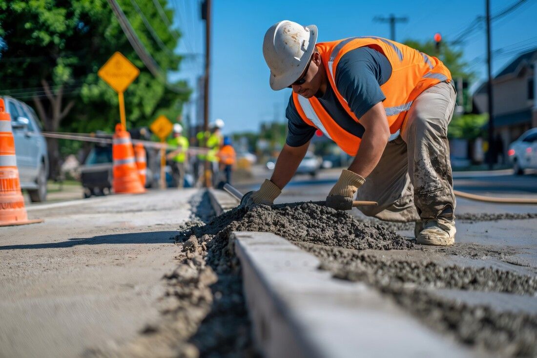 A construction worker in an orange vest and hard hat smooths wet concrete on a city street under clear skies.