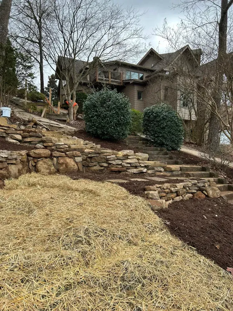 Stone terraced hillside in front of a house, with shrubs, bare trees, and dry grass in winter